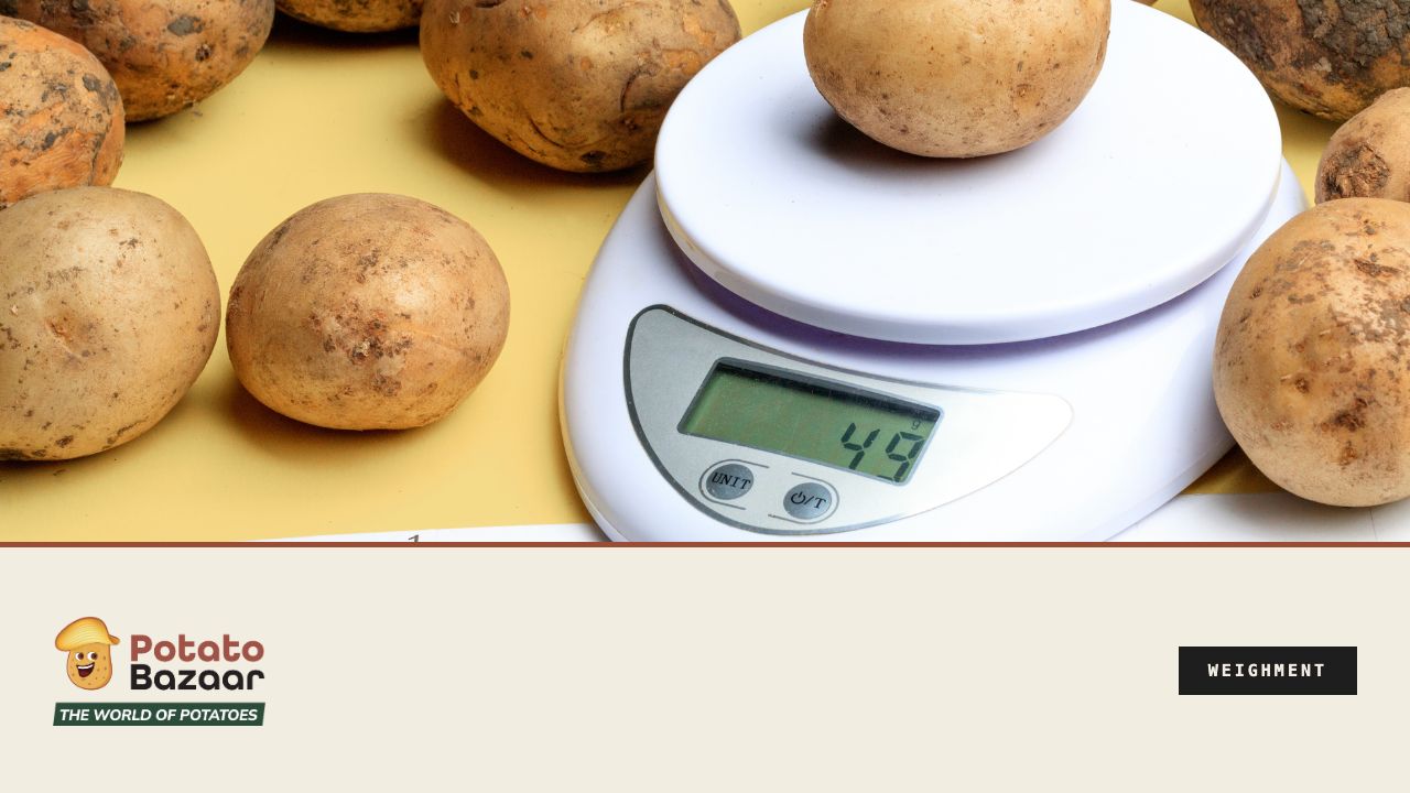 Shrinkage or short weight — potatoes on a digital weighing scale showing a reading
