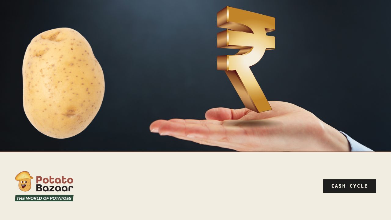 The trader's cash cycle — a rupee symbol held in an open palm beside a potato