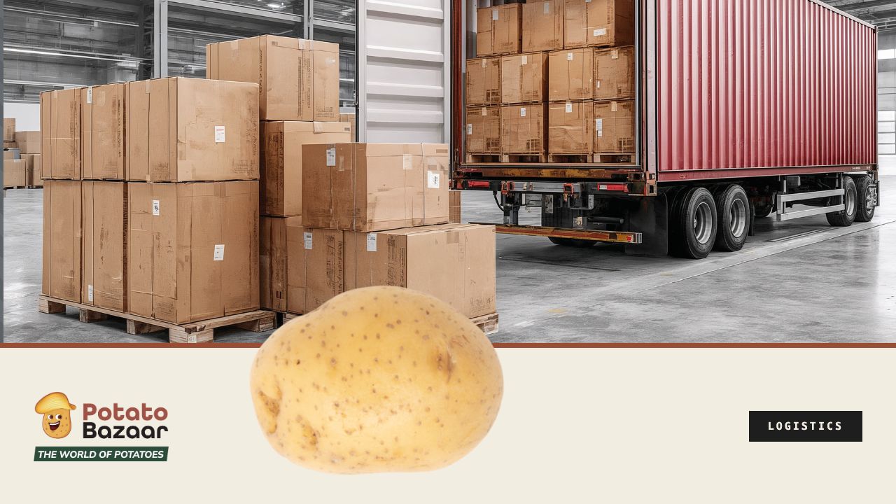 What freight really costs per quintal — a loaded truck at a warehouse dock with boxes and a potato