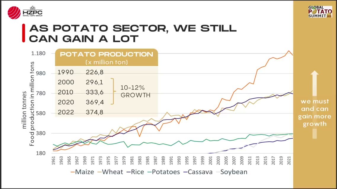 HZPC slide comparing potato production with maize, wheat, rice, cassava and soybean from 1961 to 2022