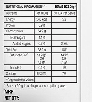 Lay's पैकेट का पिछला हिस्सा — MRP और NET QTY के खाने छपाई में ख़ाली हैं