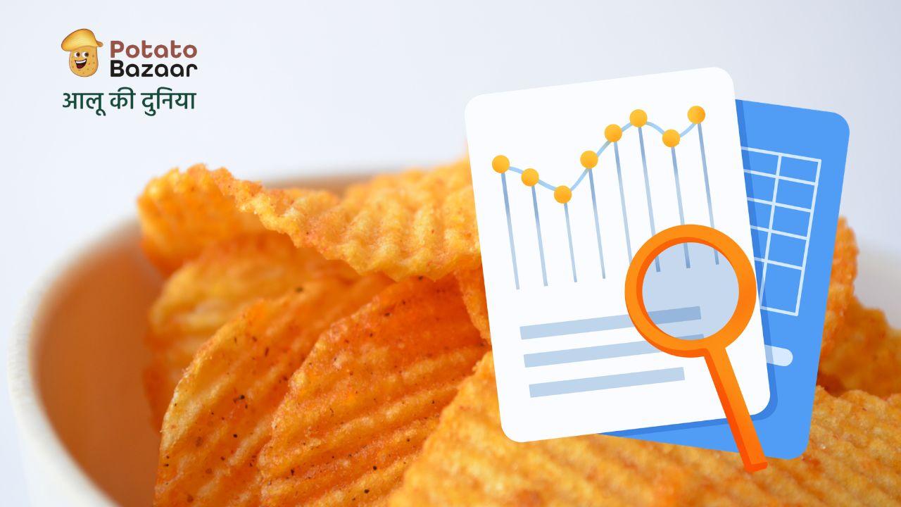 A potato-business operator reviewing historical price trend and arrivals data on a screen alongside sacks of stored potatoes — data-driven decision-making in the potato trade
