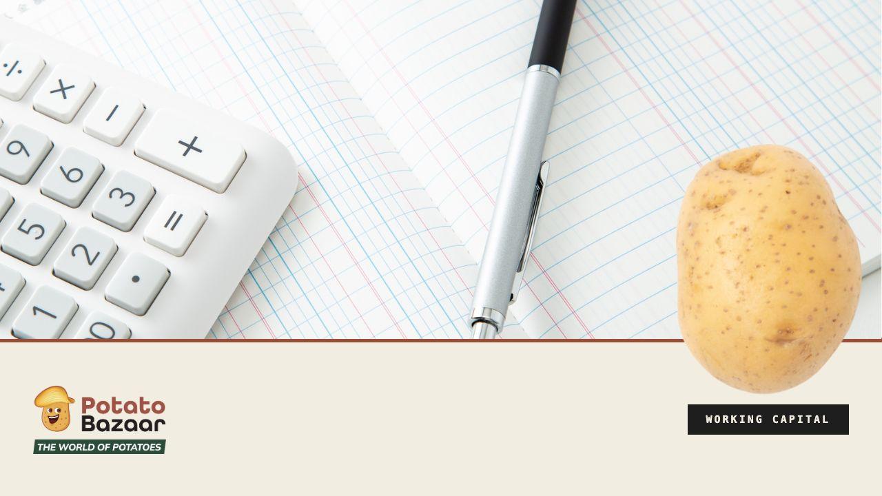 Why potato payments run late — an open accounting ledger with a calculator and pen, and a potato resting alongside